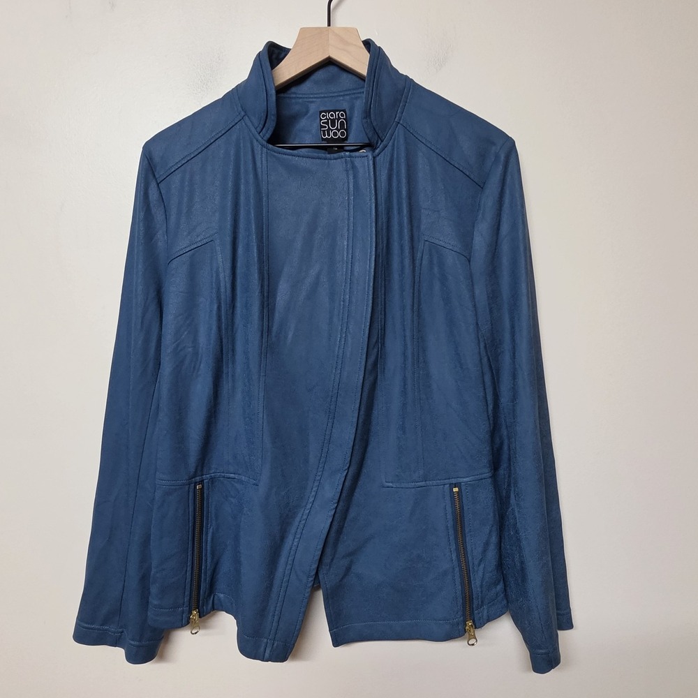 Clara Sun Woo Liquid Leather Signature Jacket Teal Blue Moto Retro Womens XL